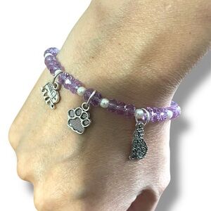 Purple White Recycled Beaded Elephant Paw Charm Bracelet